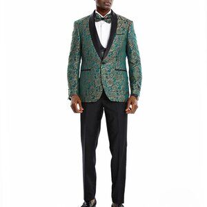 Green Baroque Design Black Shawl Lapel 3 Piece Skinny Fit Tazzio Men's Suit